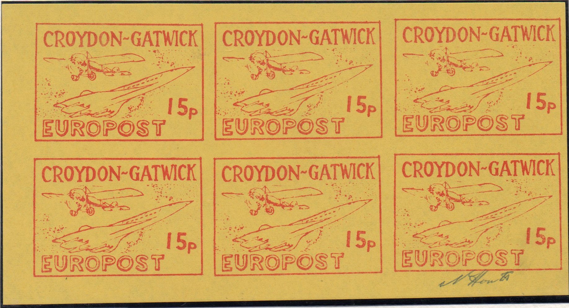 Croydon Gatwick Strike Post Stamps 1971 15p Concorde design, 46 mm wide Imperforate sheet/10 used for Rouletted issue